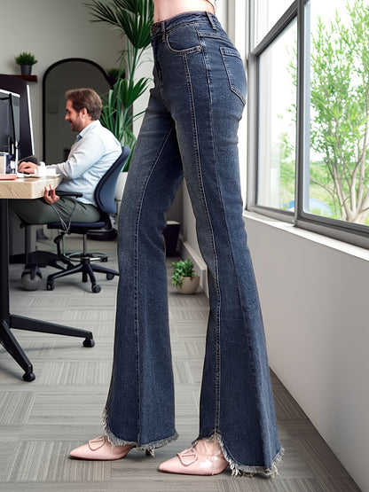 Effortless Medium Blue High Waisted Jeans for Women with Frayed Hem Flare Leg Relaxed Casual Style