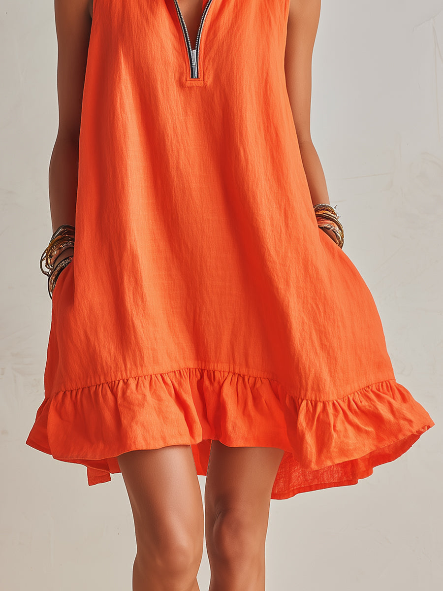 Effortless Linen Mini Dress for Women with Zip Collar Sleeveless Ruffle Hem Flowing Style