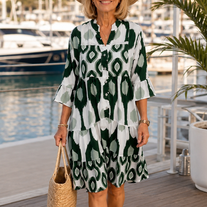 Effortless Ikat Print Tiered Shirt Dress for Women with V Neck Bell Sleeve Button Front Fall Style