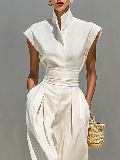 Elegant Beige Maxi Dress for Women with Stand Collar Cap Sleeve Belted Waist Draped Cotton Casual Style