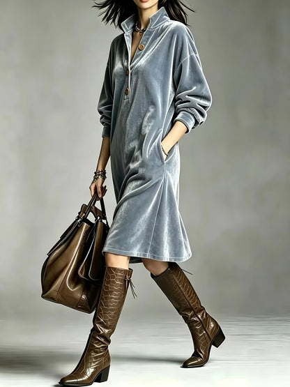 Chic Velvet Long Sleeve Midi Dress for Women with Collared Neck Button Front Relaxed Fit Style