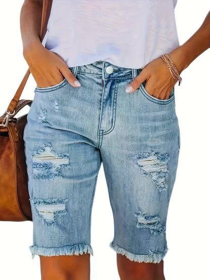 Stylish Denim Shorts for Women with High Waist Ripped Raw Hem Fringe Slim Fit Casual Style
