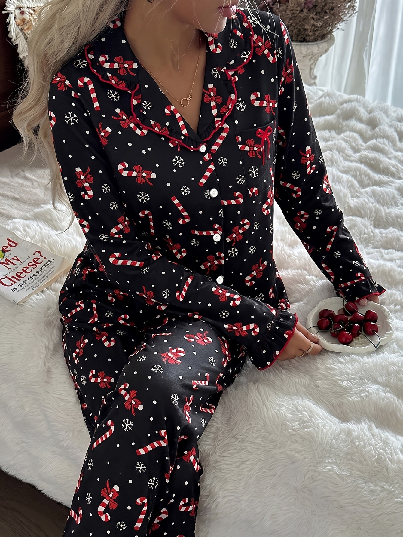 Cozy Black Candy Cane Print Christmas Pajamas for Women with Notch Collar Long Sleeve Ruffle Trim Relaxed Style