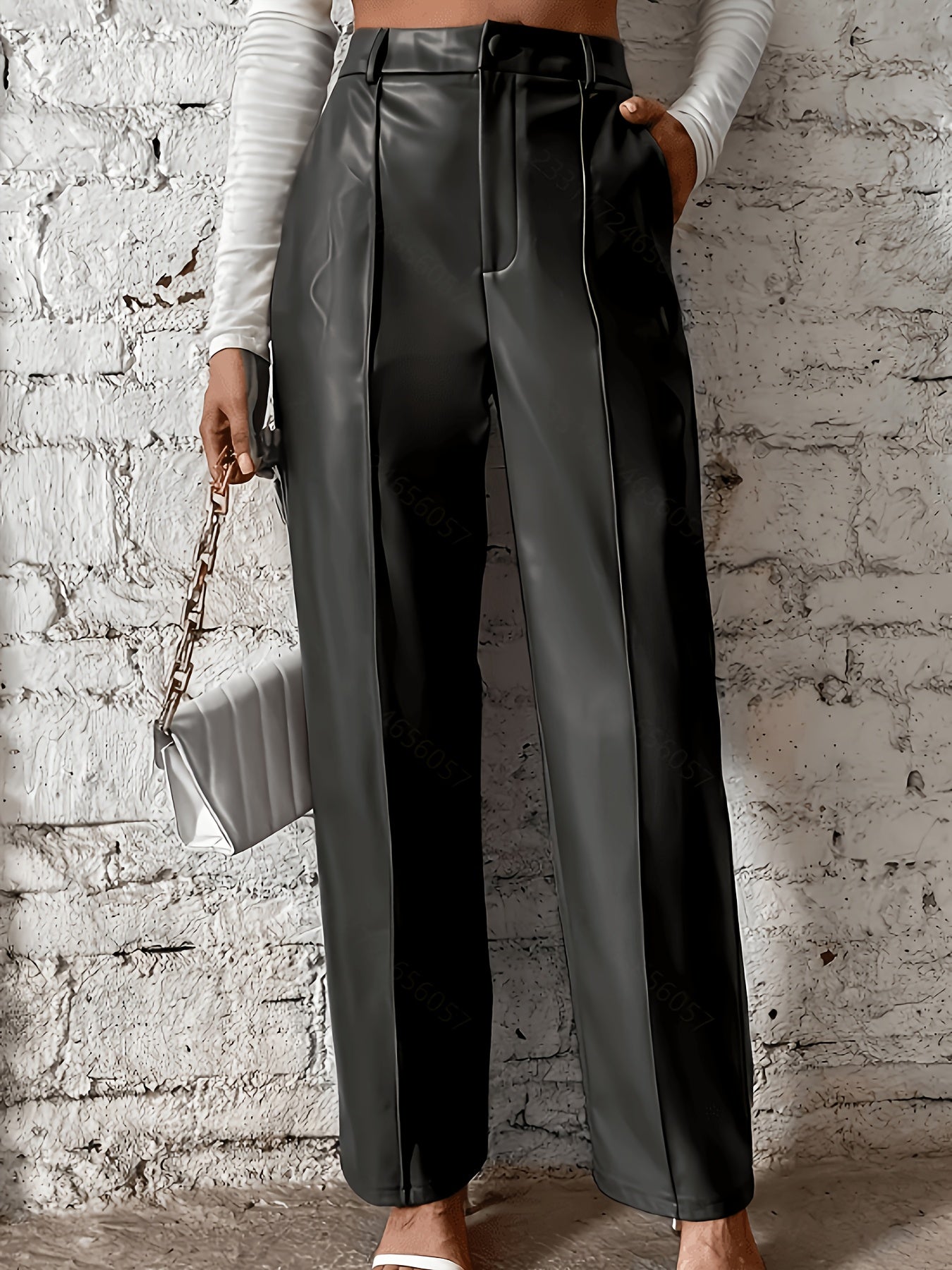Elegant Black Faux Leather Pants for Women with High Waist Wide Leg Pintuck Tailored Style