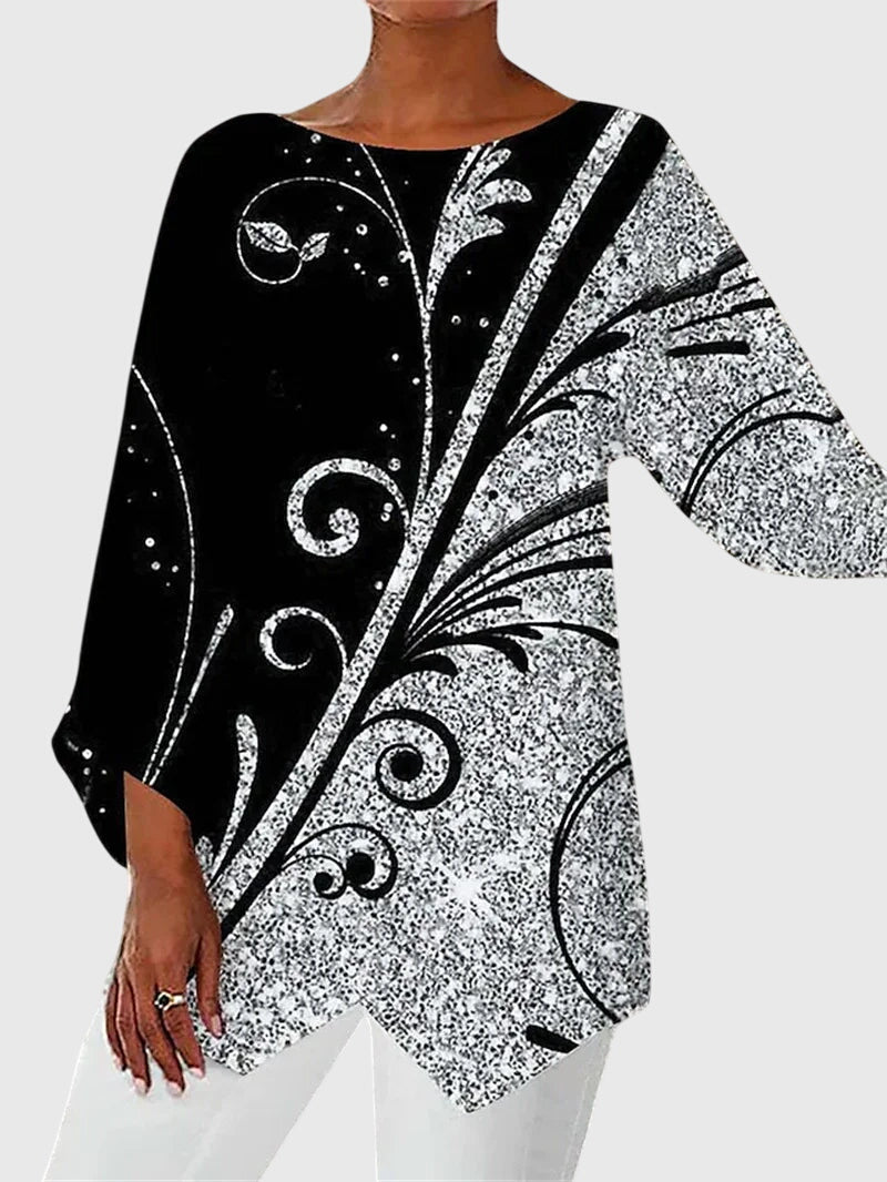 Effortless Black Glitter Butterfly Print Tunic for Women with Boat Neck Batwing Sleeve Asymmetric Hem Casual Style