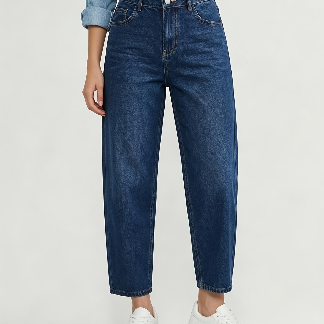 Effortless Deep Blue Denim Mom Jeans for Women with High Waist Tapered Cropped Relaxed Style