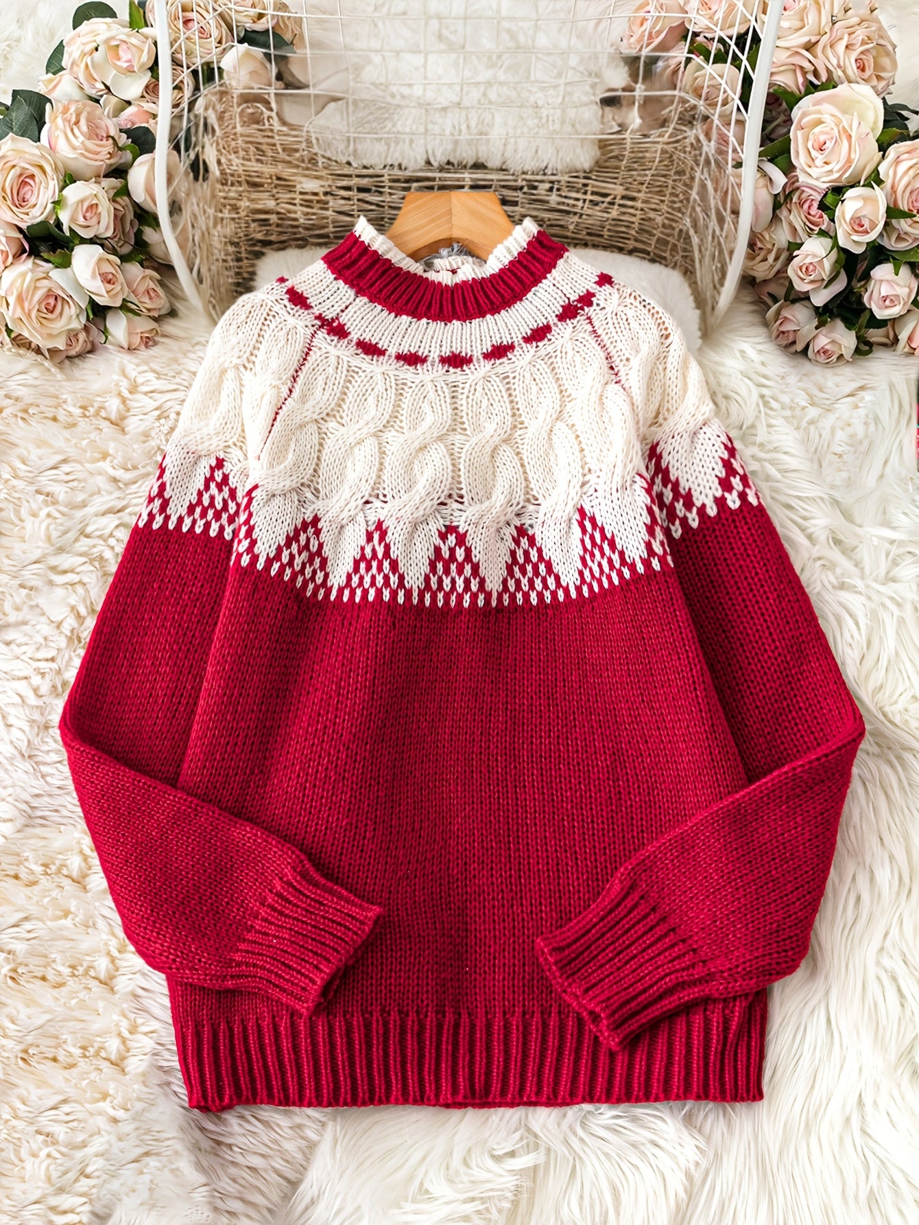 Cozy Red Fair Isle Christmas Tacky Sweater for Women with Mock Neck Long Sleeve Knit Pullover Holiday Style