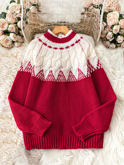 Cozy Red Fair Isle Christmas Tacky Sweater for Women with Mock Neck Long Sleeve Knit Pullover Holiday Style