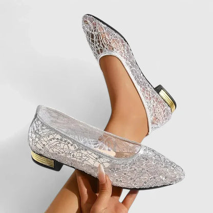 Elegant Lace Wedding Shoes for Women with Pointed Toe and Gold Heel Detail