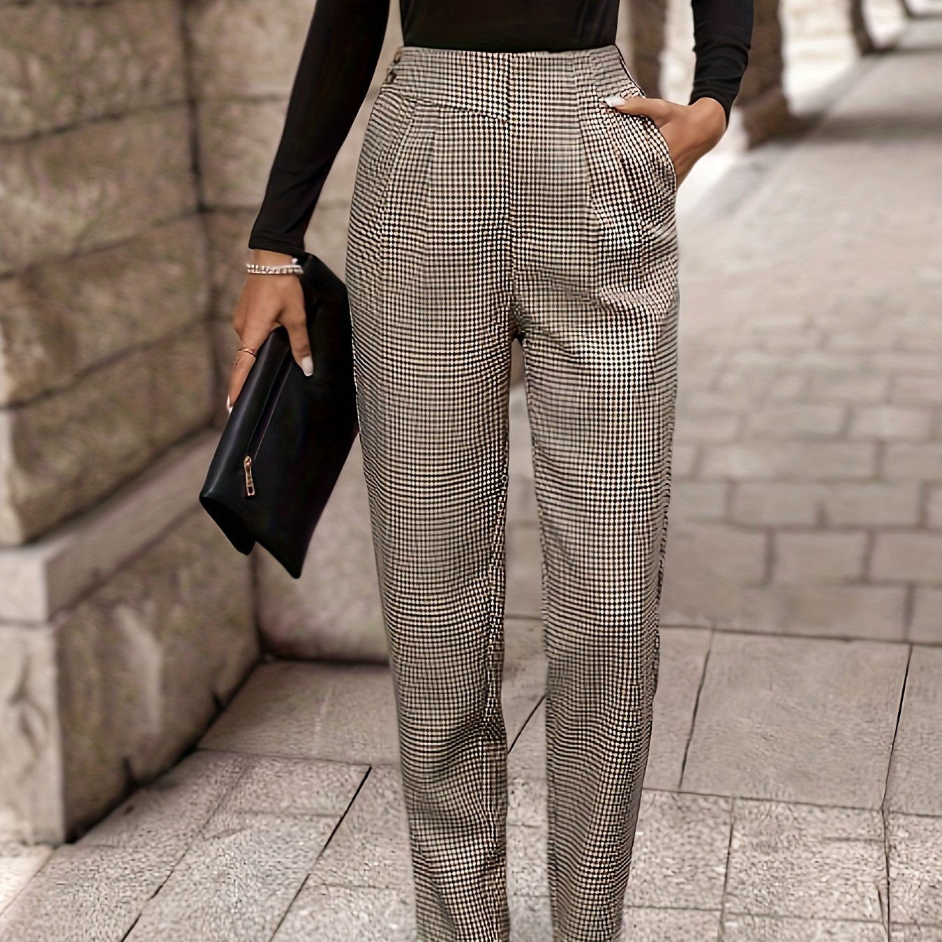Elegant Houndstooth Chino Pants for Women with High Waist Pleated Tapered Ankle Style
