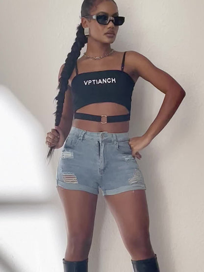 Stylish Ripped Denim Shorts for Women with High Waist Distressed Cuffed Hem Casual Street Style