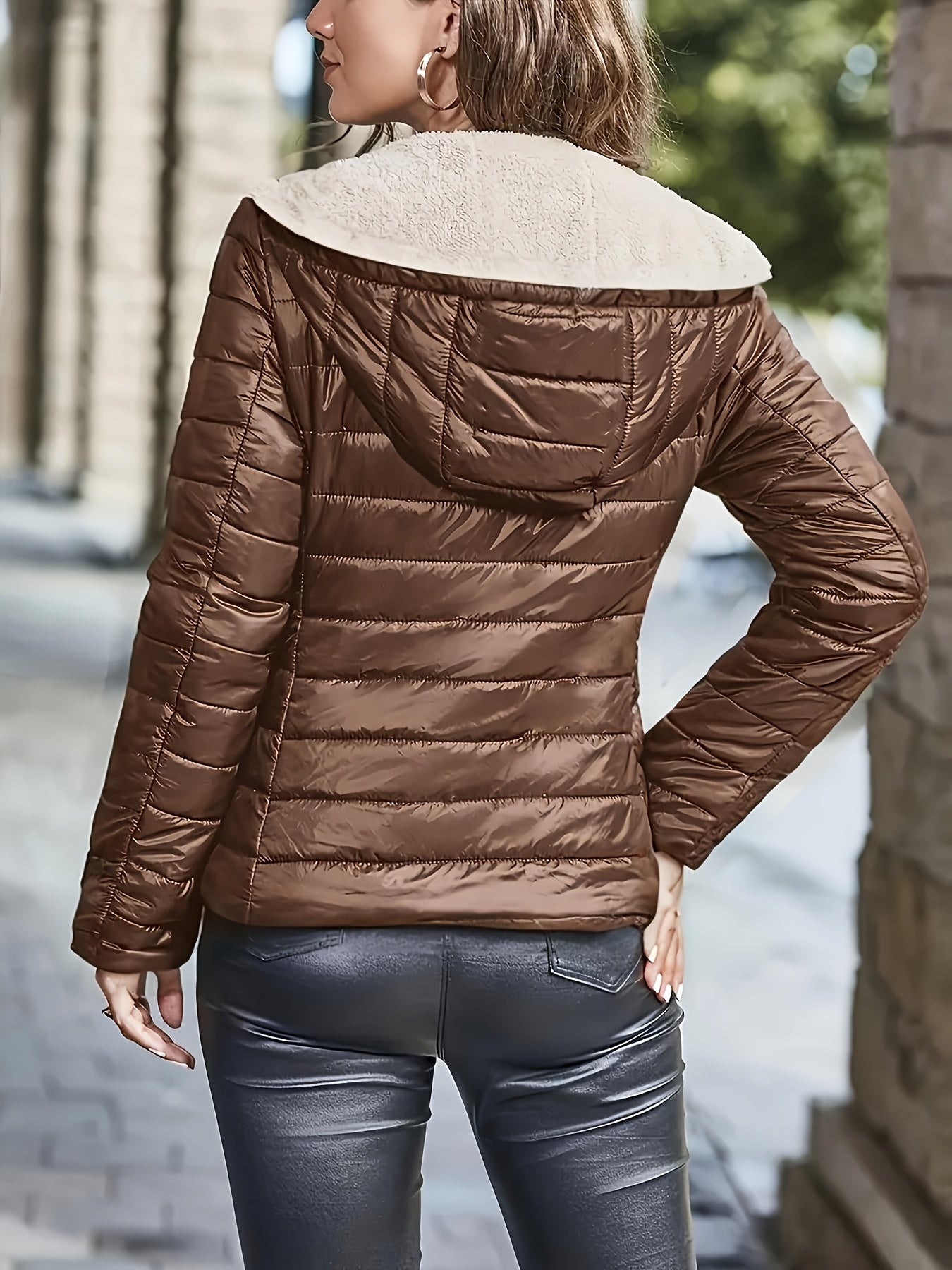 Effortless Coffee Brown Quilted Jacket for Women with Hooded Sherpa Lined Zip Front Relaxed Style