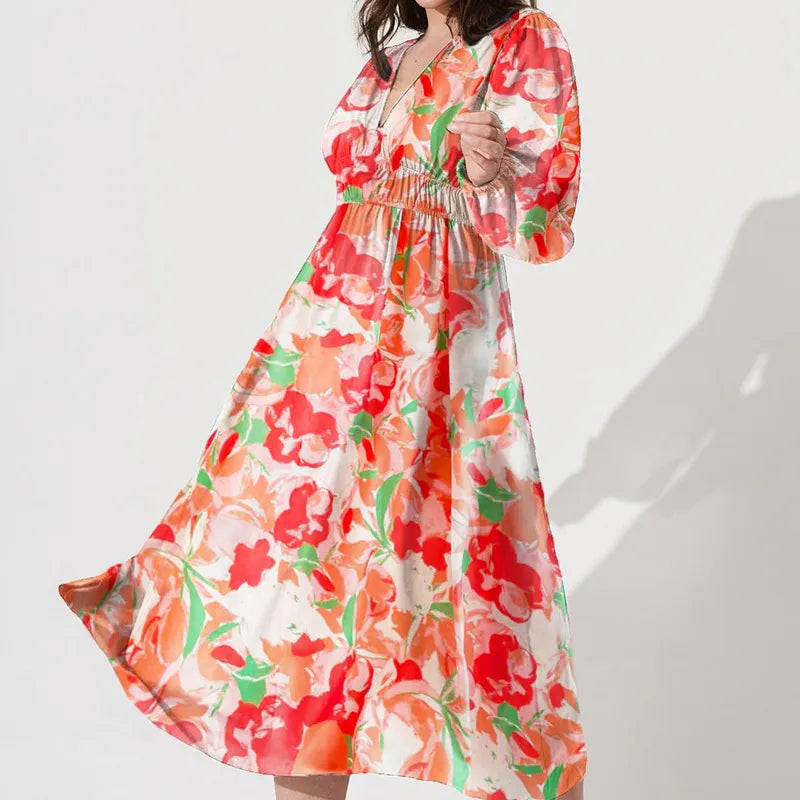 Effortless Floral Midi Dress for Women with V Neck Balloon Sleeve Smocked Waist Flowing Bohemian Style