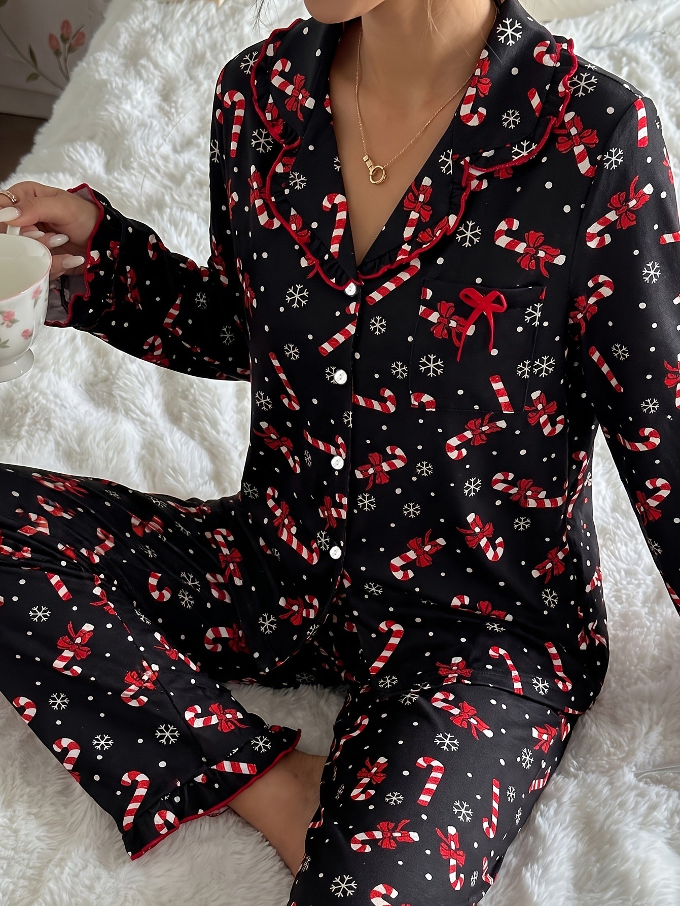 Cozy Black Candy Cane Print Christmas Pajamas for Women with Notch Collar Long Sleeve Ruffle Trim Relaxed Style