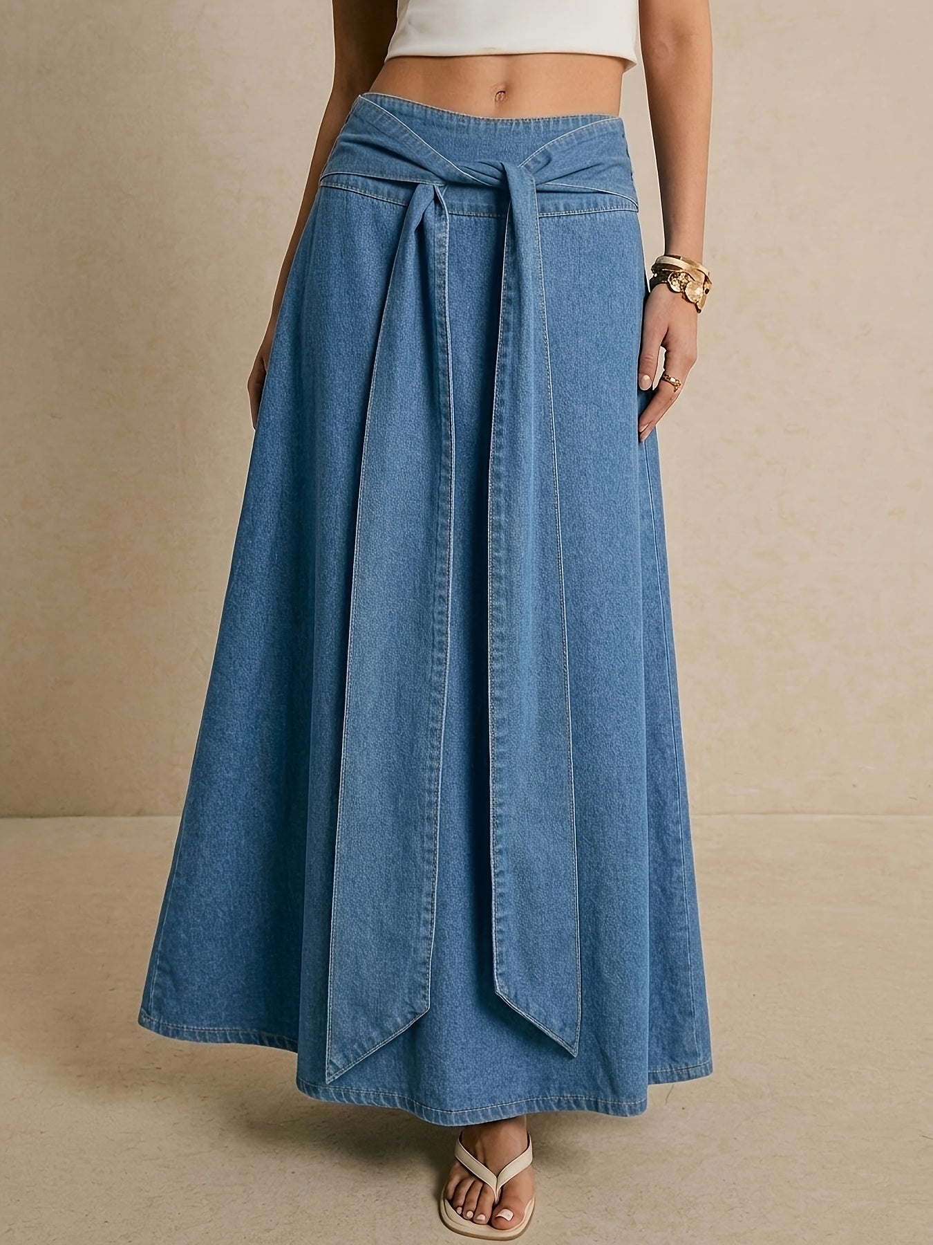 Effortless Blue Denim Maxi Skirt for Women with Tie Waist A Line Flowing Style