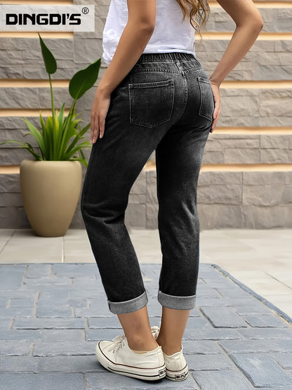 Effortless Black Denim Mom Jeans for Women with High Waist Drawstring Cuffed Tapered Style