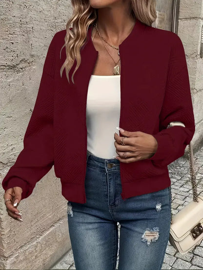 Effortless Quilted Bomber Jacket for Women with Crew Neck Long Sleeve Zip Front Cropped Casual Style