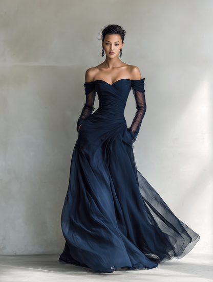 Elegant Formal Wedding Guest Dresses for Women with Off Shoulder Sheer Long Sleeve Ruched Chiffon Fitted Maxi Style