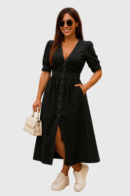 Effortless Denim Midi Dress for Women with V-Neck Button Front Tie Sleeve Casual Style