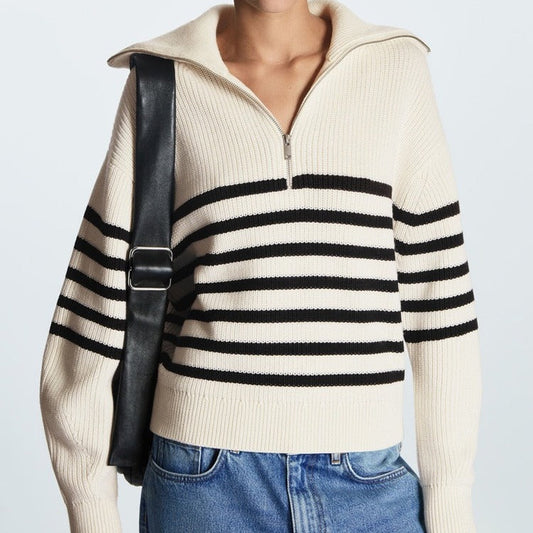 Cozy Striped Quarter-Zip Knit Sweater for Women with Funnel Collar Long Sleeve Ribbed Pullover Style