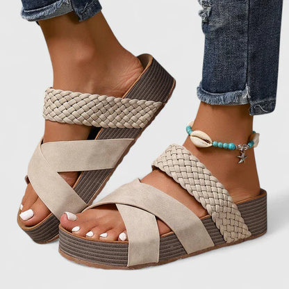 Comfortable Orthopedic Sandals for Women with Woven Crossover Strap Wedge Platform Slip On Open Toe Style