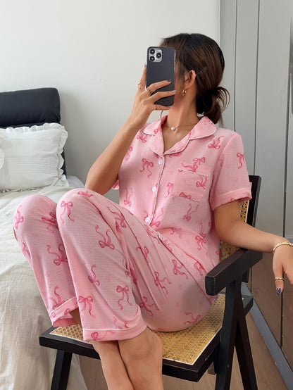 Comfortable Bow Print Pajama Set for Women with Notched Collar Short Sleeve Button Front Two Piece Style