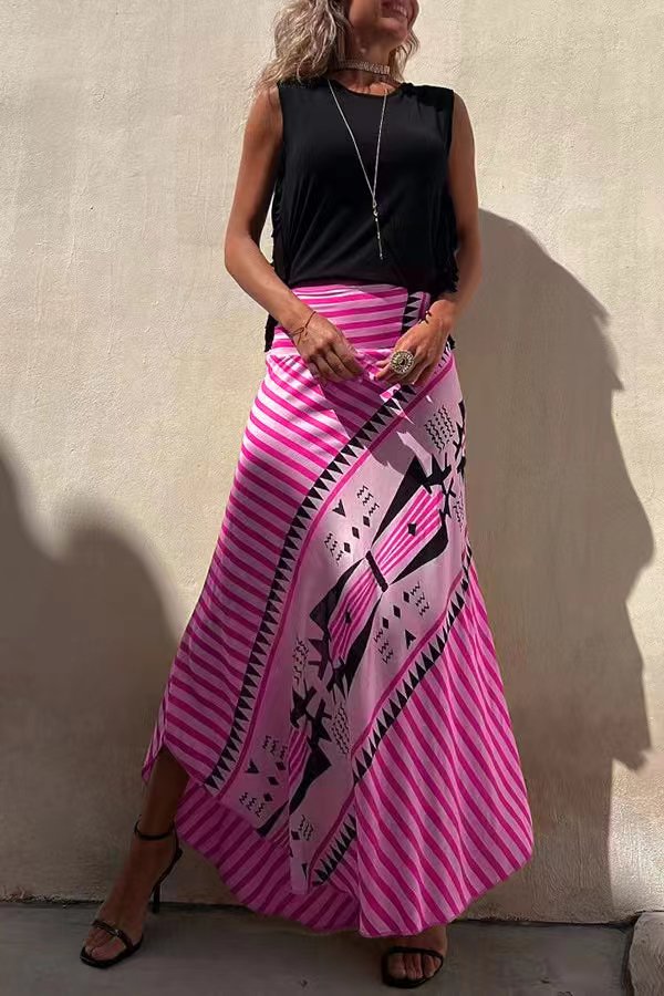 Effortless Geometric Print Maxi Skirt for Women with High Waist Asymmetrical Hem Bohemian Style