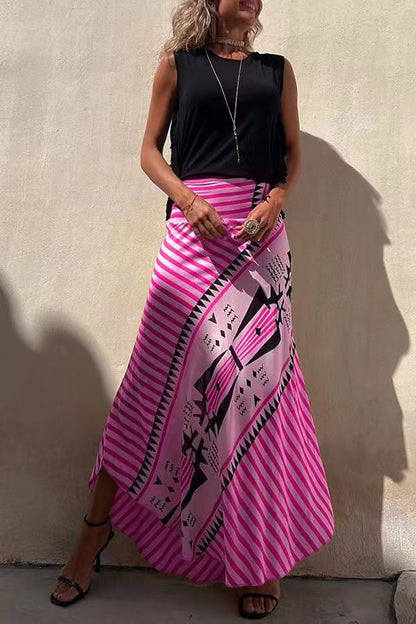 Effortless Geometric Print Maxi Skirt for Women with High Waist Asymmetrical Hem Bohemian Style