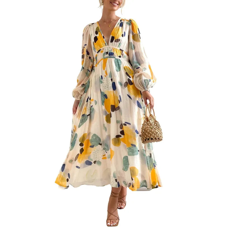 Effortless Floral Midi Dress for Women with V Neck Balloon Sleeve Smocked Waist Flowing Bohemian Style
