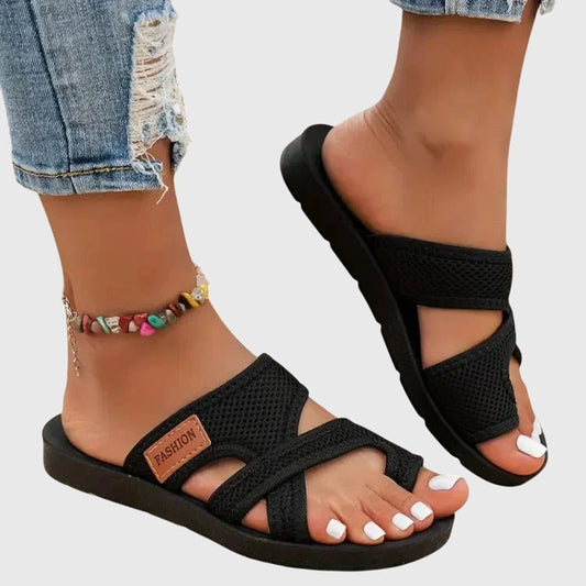 Comfortable Orthopedic Sandals for Women with Crossover Mesh Strap Flat Open Toe Slip On Casual Style