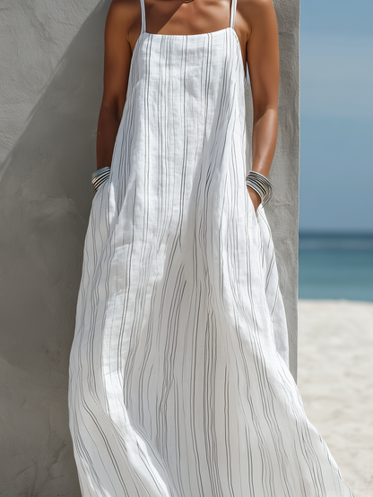 Effortless White Dresses for Women with Spaghetti Strap Square Neck Striped Linen Loose Casual Maxi Style