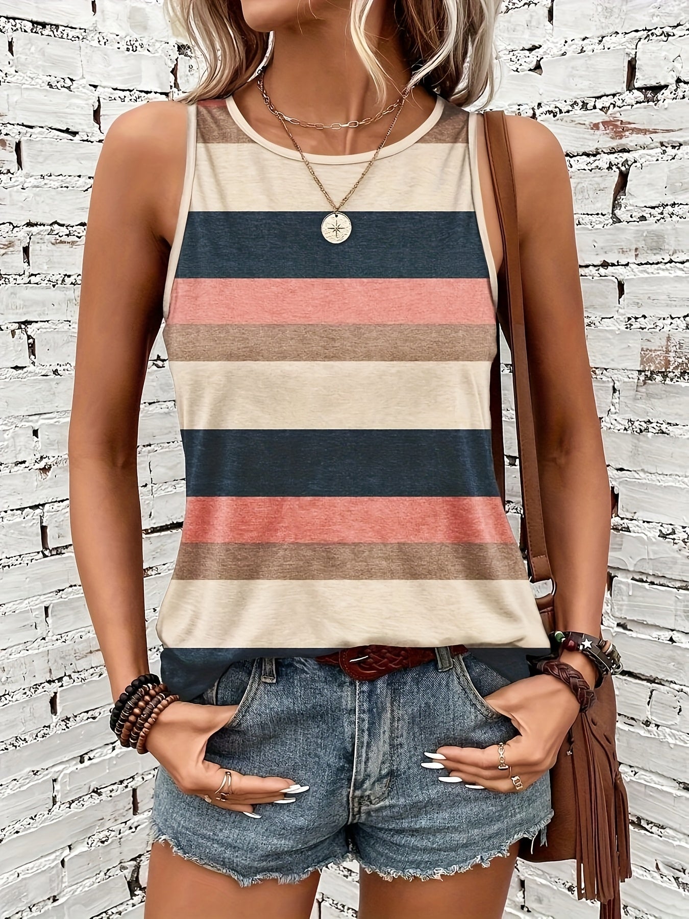 Effortless Striped Colorblock Tank Top for Women with Crew Neck Sleeveless Relaxed Casual Style