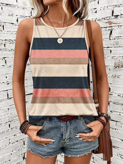 Effortless Striped Colorblock Tank Top for Women with Crew Neck Sleeveless Relaxed Casual Style