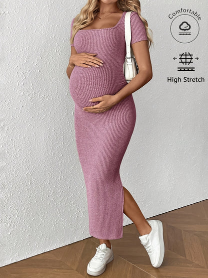 Comfortable Ribbed Knit Maternity Maxi Dress for Women with Square Neck Short Sleeve Bodycon Side Slit Style
