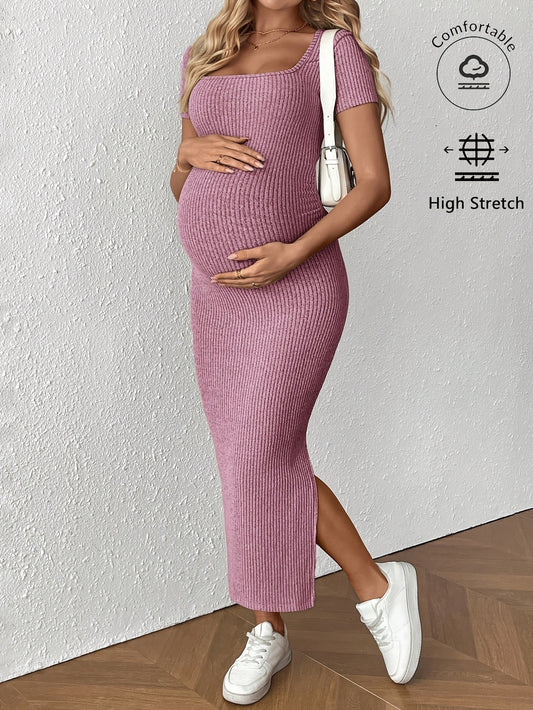 Comfortable Maternity Pink Dress for Women with Square Neck Short Sleeve Bodycon Side Slit Style