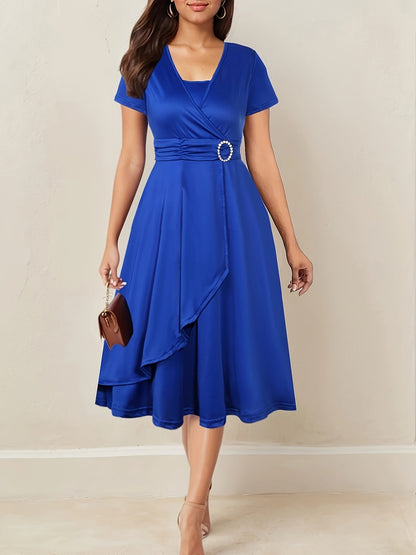 Elegant Ruched Cocktail Dress for Women with Surplice Neck Short Sleeve Asymmetrical Ruffle Hem Formal Wedding Guest Style