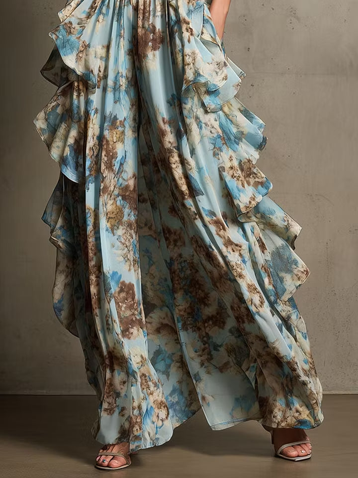 Elegant Blue Floral Maxi Dress for Women with Strapless Ruffle Tiered Formal Wedding Guest Style