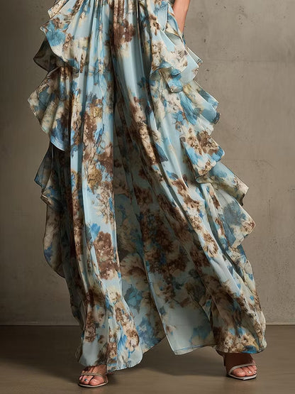 Elegant Blue Floral Maxi Dress for Women with Strapless Ruffle Tiered Formal Wedding Guest Style