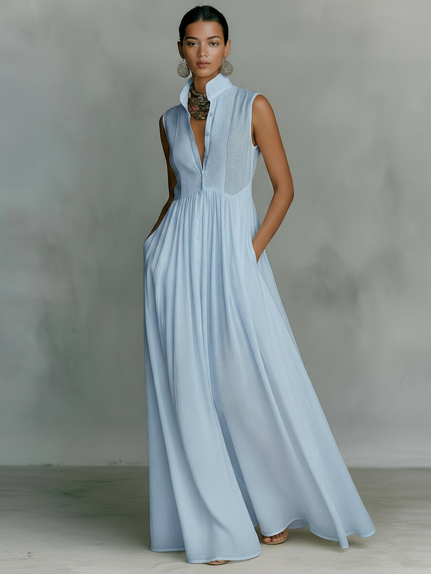Effortless Blue Linen Maxi Dress for Women with Stand Collar Button Front Pleated Skirt Sleeveless Casual Style