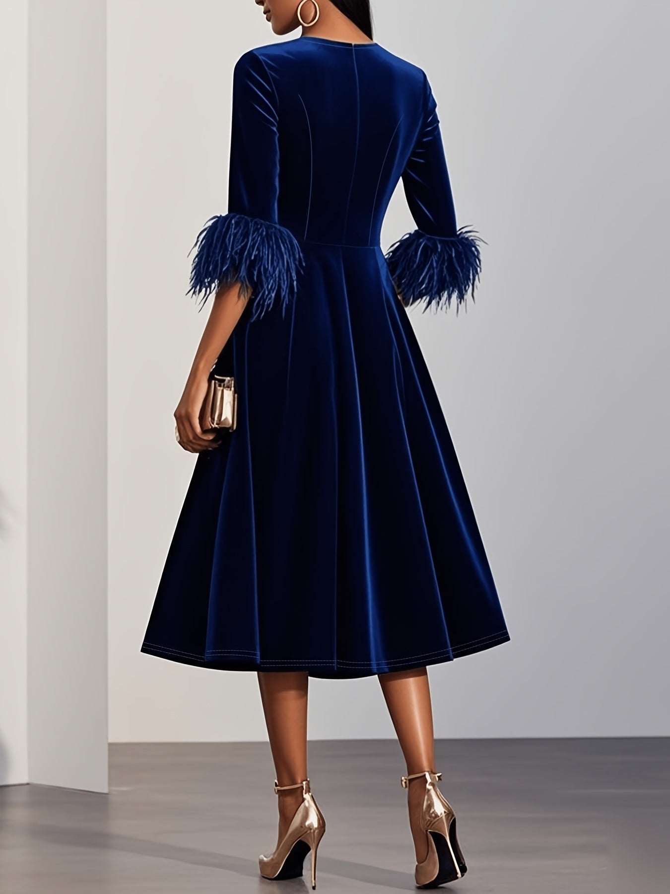 Elegant Velvet Semi Formal Dress for Women with Round Neck Feather Trim Sleeve Fit and Flare Midi Party Style