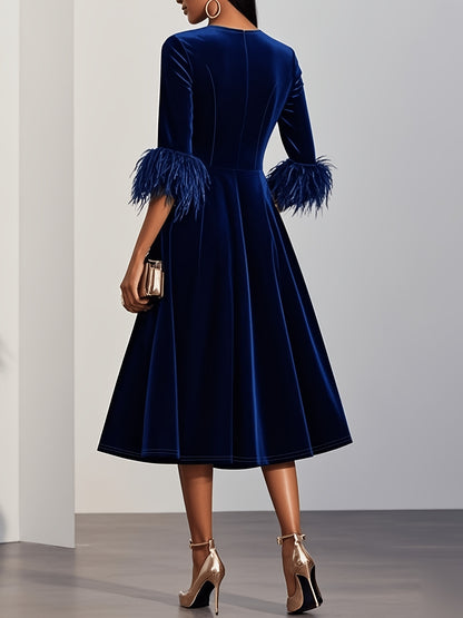 Elegant Velvet Semi Formal Dress for Women with Round Neck Feather Trim Sleeve Fit and Flare Midi Party Style