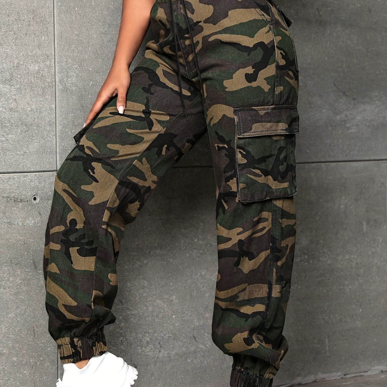 Effortless Camo Cargo Pants for Women with Elastic Cuff Utility Pockets Relaxed Fit