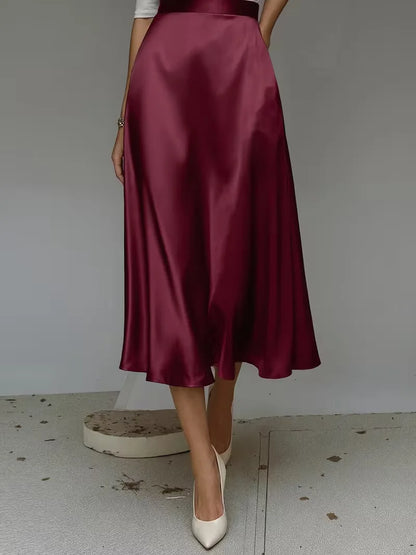 Elegant Satin Midi Skirt for Women with High Waist A Line Pocket Flowing Style
