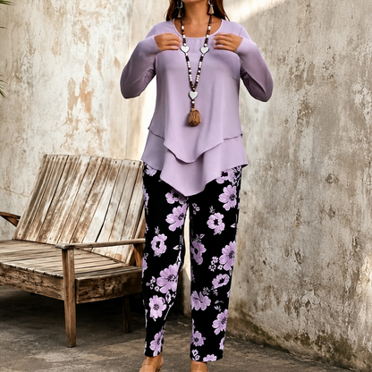 Effortless Floral Wide Leg Set for Women with Round Neck Long Sleeve Layered Hem Two Piece Style