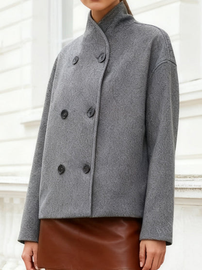 Elegant Wool High Pea Coat for Women with Stand Collar Long Sleeve Double Breasted Cropped Style