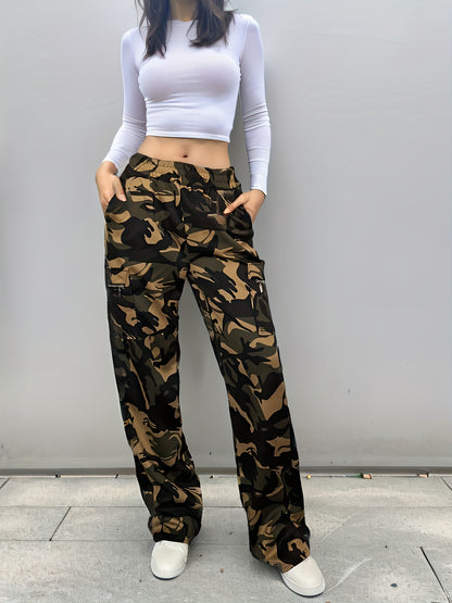 Effortless Camo Pants for Women with High Waist Drawstring Cargo Pocket Wide Leg Style