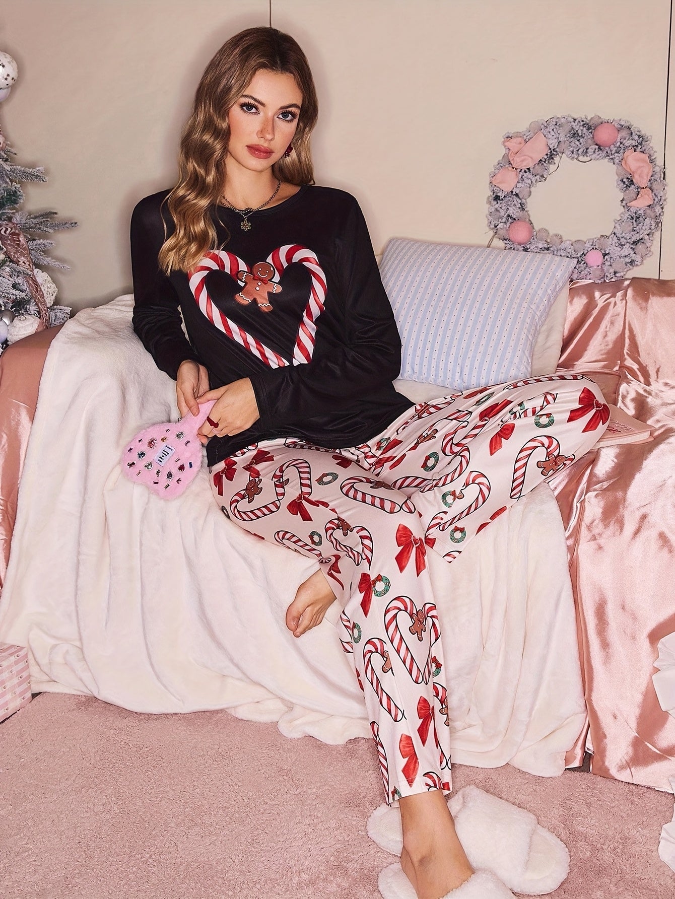 Cozy Christmas Pajamas for Women with Crew Neck Long Sleeve Tree Candy Print Two Piece Style
