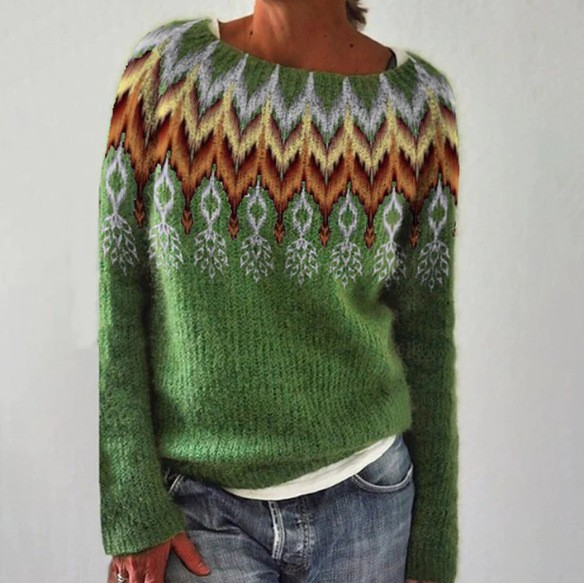 Comfortable Grey Fair Isle Sweater for Women with Crew Neck Long Sleeve Relaxed Oversized Knit Style