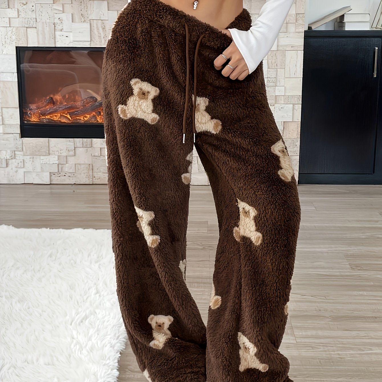 Cozy Brown Teddy Bear Sweatpants for Women with Drawstring Waist Wide Leg Plush Fleece Lounge Style