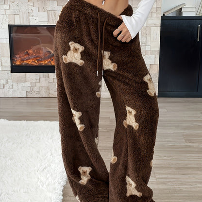 Cozy Brown Teddy Bear Sweatpants for Women with Drawstring Waist Wide Leg Plush Fleece Lounge Style